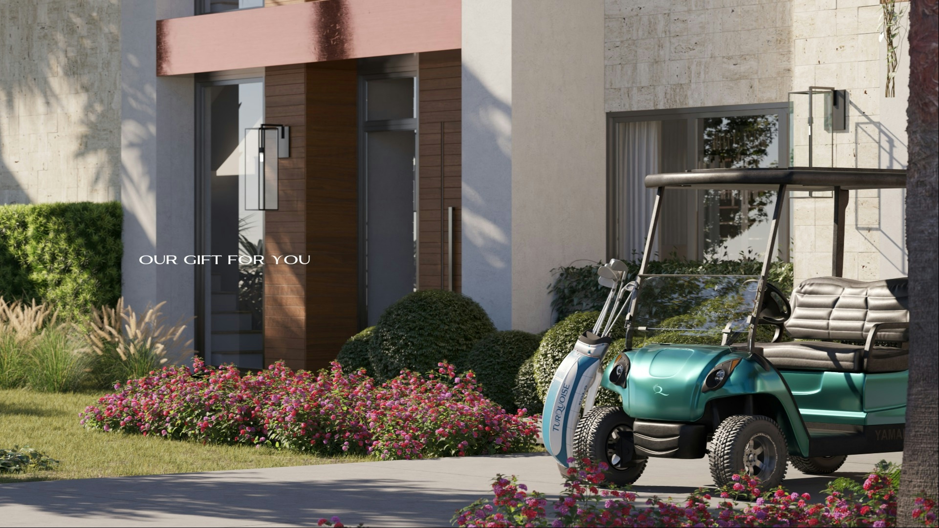 Home facade with a parked golf car and the title 'Our gift for you'